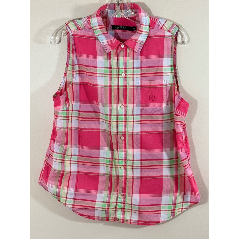Lauren Ralph Lauren Plaid Sleeveless Button Shirt Women L Pink Preppy Coastal